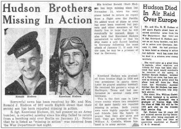 Newspaper clip - S/Sgt. Kneeland Hughes Hudson - Killed