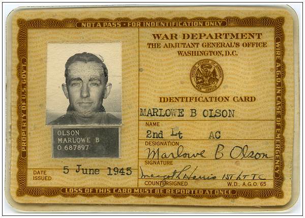 O-687897 - 2nd Lt. Marlowe B. Olson - Identification card - 05 Jun 1945