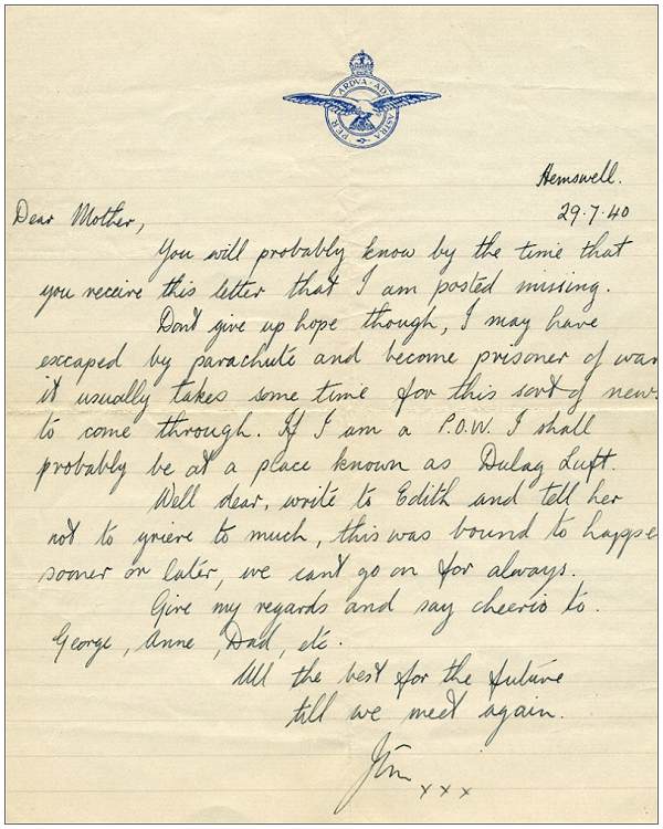 Letter from Jim to his mother - Hemswell, 29 Jul 1940