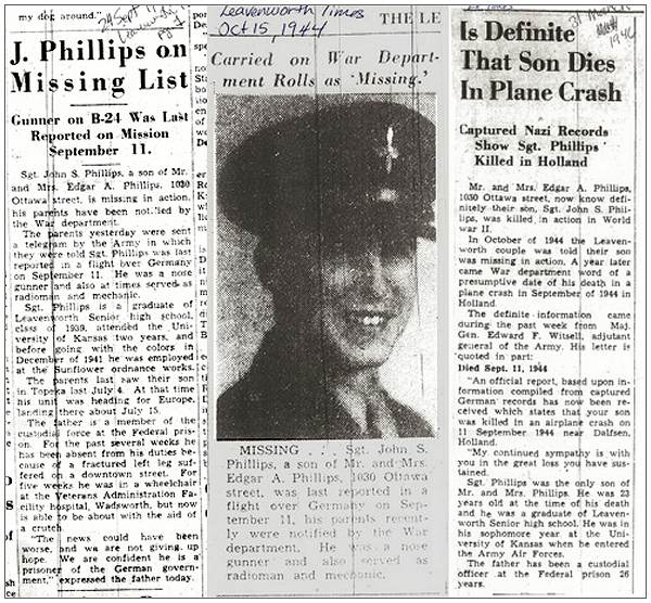 Clips - Leavenworth Times - 24 Sep 1944 - 15 Oct 1944 - 31 Mar 1946 - Sgt. John S. Phillips