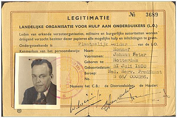 No. 3689 - Legitimatie - Landelijke Organistie voor hulp aan onderduikers (L.O.)