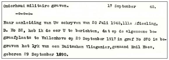 Letter 17-sep-1945 - Emil Haes - WWI Grave No. 570 Vollenhove