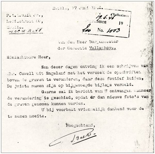 Letter regarding graves - correction names by Mr. Cowell - 17 Jun 1946