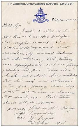 Letter by Sgt. George William Francis Reynolds - RCAF - 12 Oct 1942, No. Y Depot, Halifax, NS