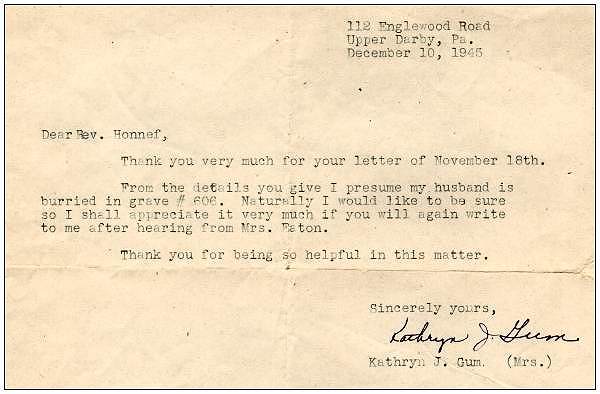10 Dec 1945 - Letter of Mrs. Kathryn J. Gum to Rev. Honnef