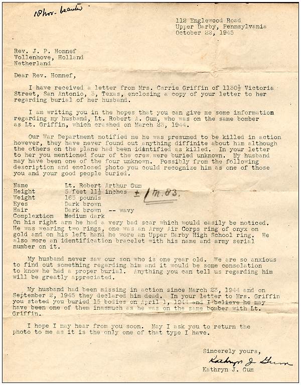 22 Oct 1945 - Letter of Mrs. Kathryn J. Gum to Rev. Honnef