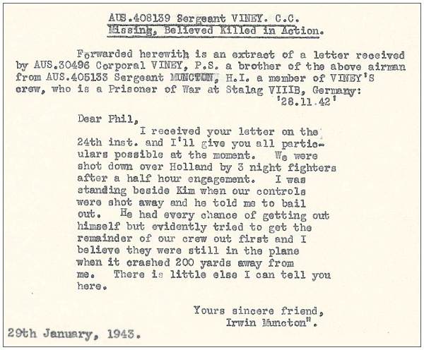 Extract - Letter to Philip Sydney Viney from Irwin Munckton