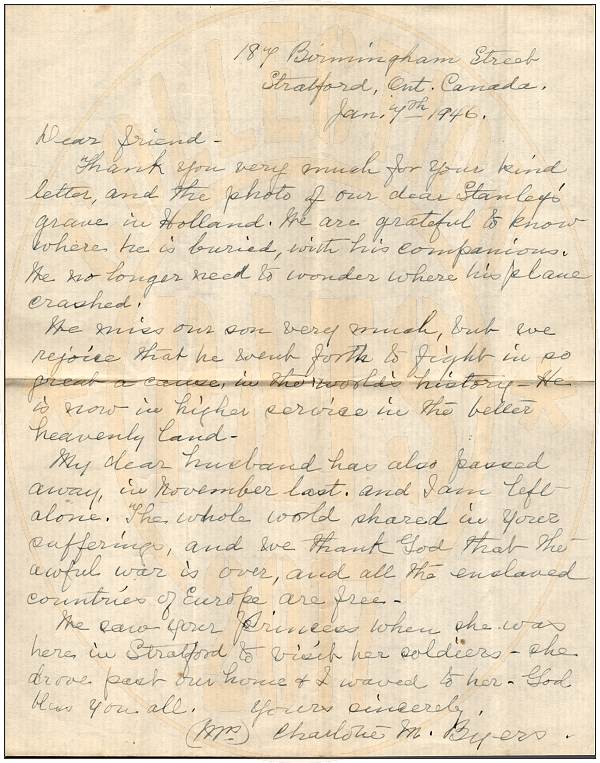 07 Jan 1946 - Letter of Mrs. Charlotte Byers (mother) to Mr. Cor Meurs