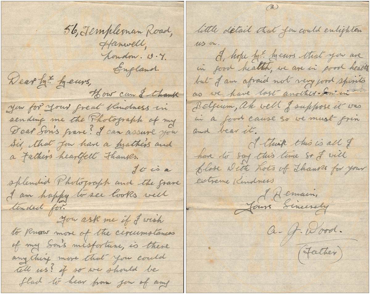 Letter from A. G. Wood (father) to Cor Meurs