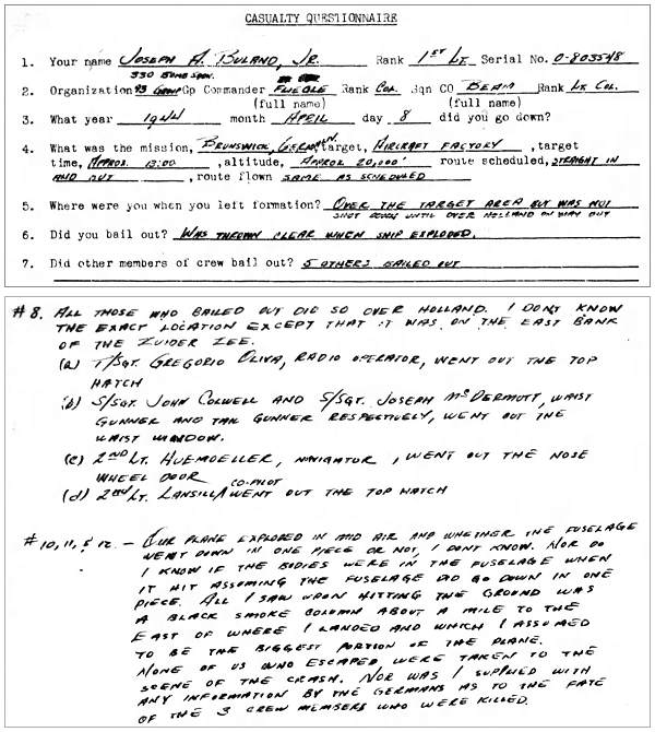 Casualty questionnaire - 1st Lt. Joseph A. Buland Jr.