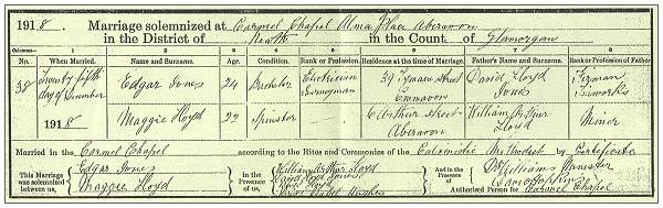 25 Dec 1918 - Edgar Jones and Maggie Lloyd - copy marriage certificate