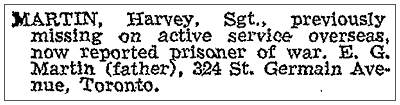 Globe and Mail - 17 Apr 1943 - Harvey Martin, POW