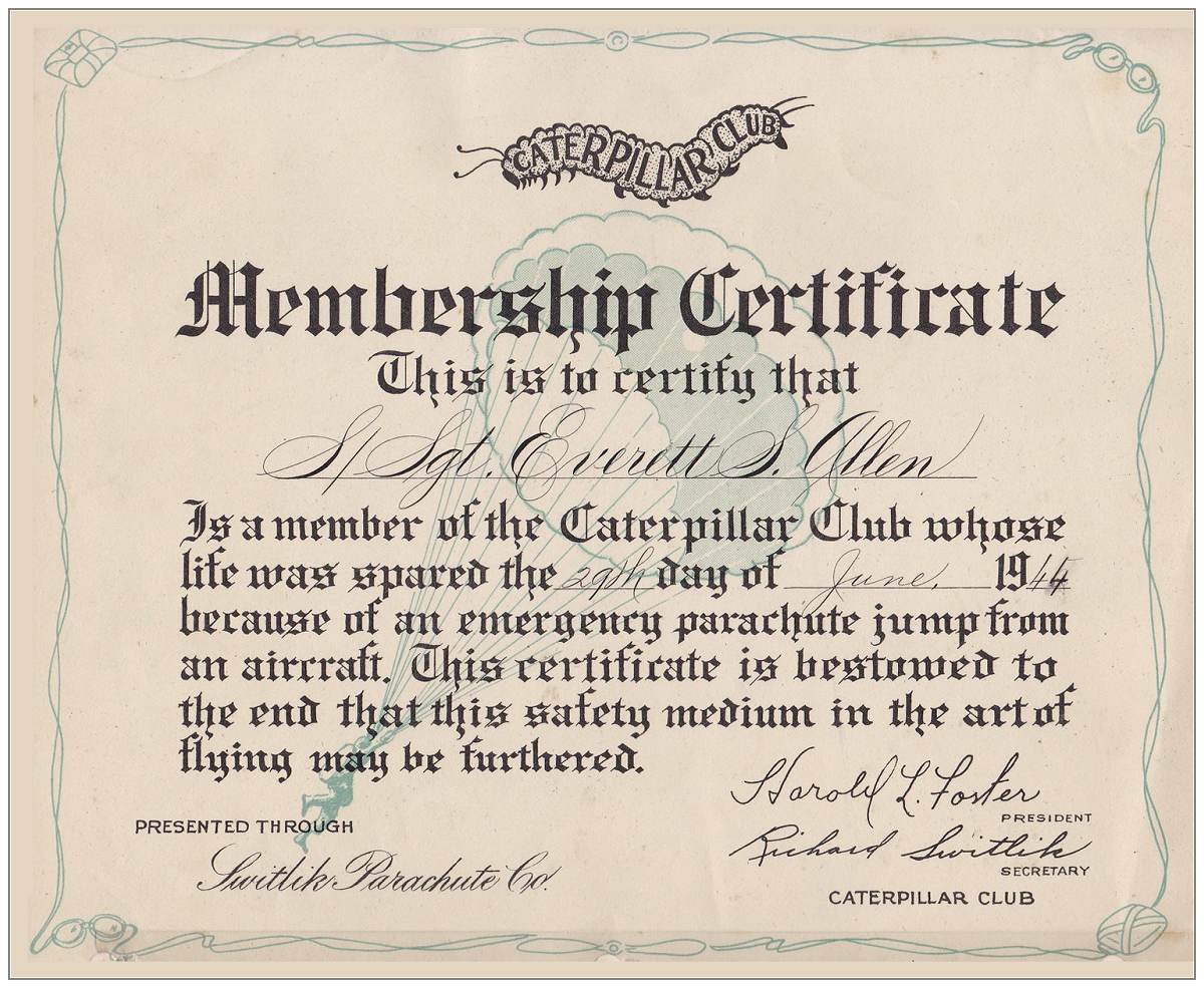 Membership Caterpillar Club - S/Sgt. Everett S. Allen