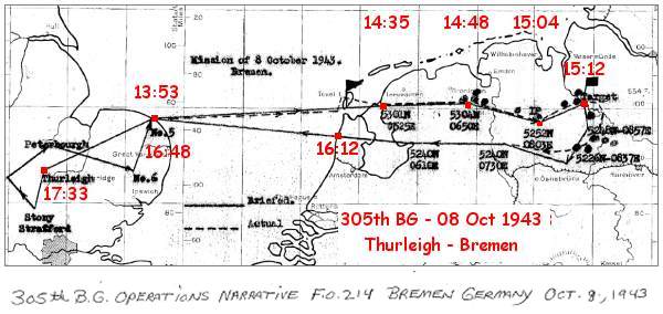 Mission 305th BG - 08 Oct 1943 - Thurleigh - Bremen