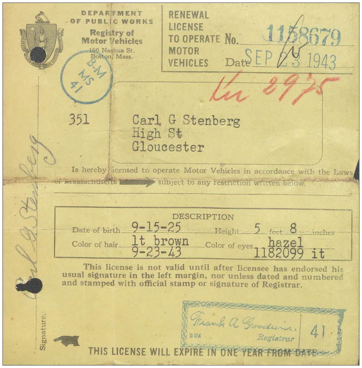 License Motor Vehicle - Carl G. Stenberg - via KU 2975