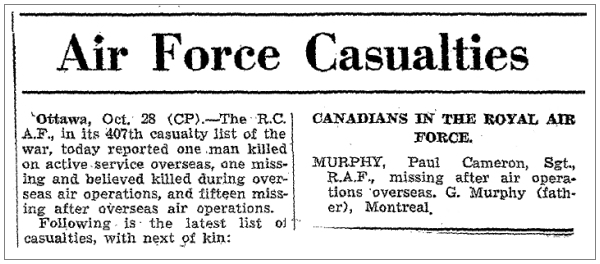 Sgt. Paul Cameron Murphy - Globe and Mail - RCAF 407th Casualty list