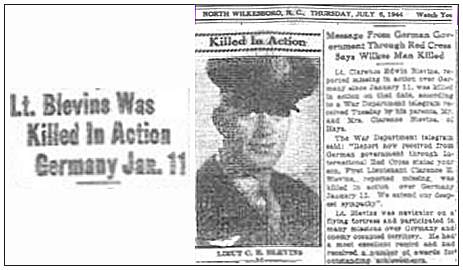 KIA Jan 44 - Newsclip - 1st Lt. Clarence Edwin Blevins