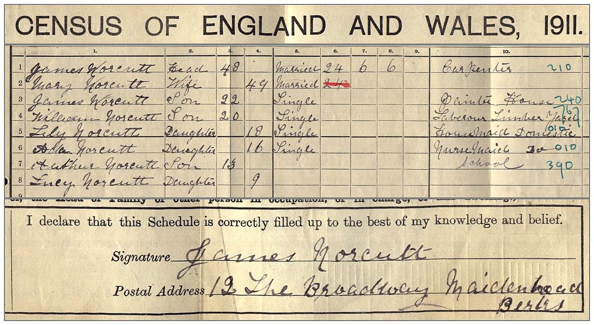 Family Norcutt in Census 1911 UK