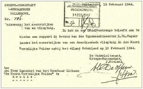 Marechaussee Gewest Arnhem - Groep Vollenhove - Rapport Nr. 106 - Vollenhove, 12 Feb 1944