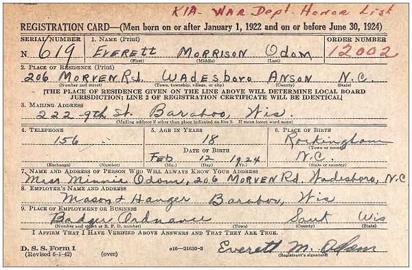 Everett Morrison Odom - Registration Card - Draft WWII