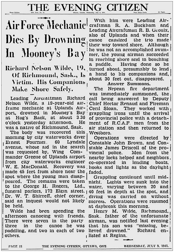 Airforce Mechanic Dies By Drowning In Mooney's Bay - 08 Jul 1941