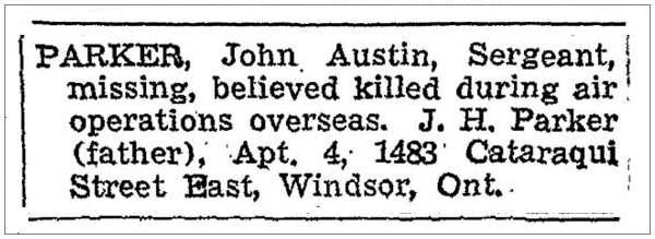 398th RCAF casualty list - Parker