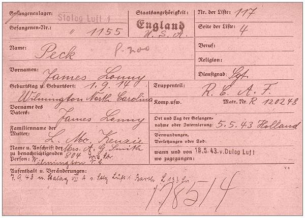 Stalag Luft I - No. 1155 - R/120248 - Sgt. James Lonny Peck