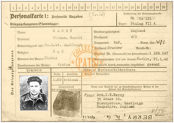 Personalkarte W/O. Thomas 'Tom' Gerald W. Berry - Stalag VII-A - POW No. 90121