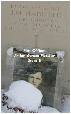 Photo of P/O. Arthur Gordon Fletcher - RCAF -  at grave of Sgt. John Milner Hadfield - RAFVR