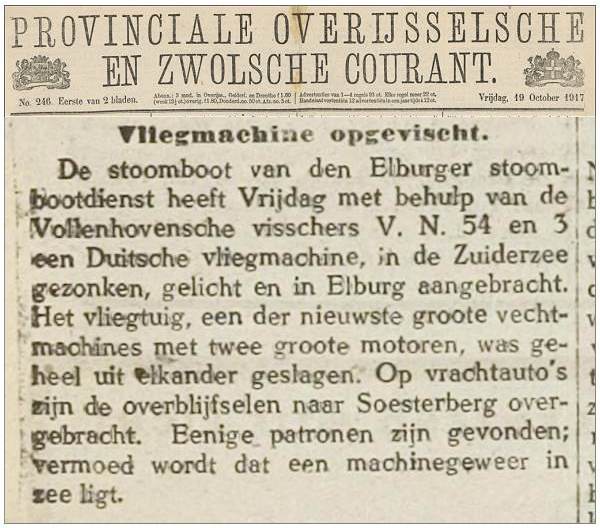 Vliegmachine opgevischt - Friday 19 Oct 1917