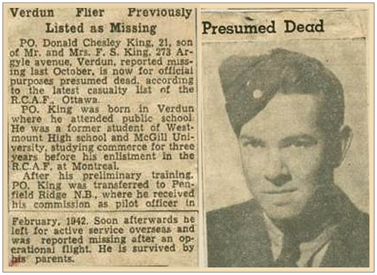 Pilot Officer - Donald Chesley King - RCAF - Presumed Dead