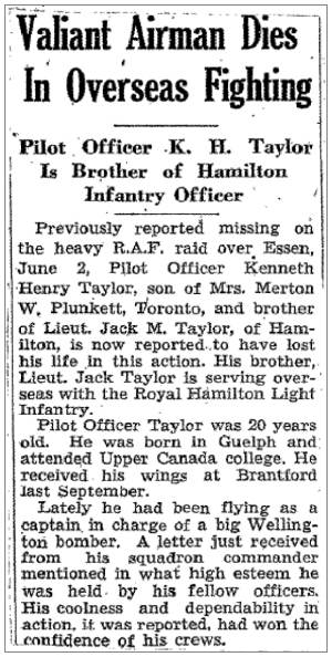 R/80787 - J/7076 - Pilot Officer - Kenneth Henry Taylor - RCAF - newsclip