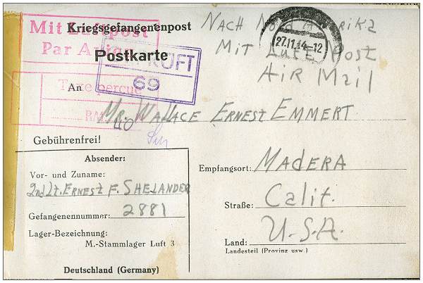 Postcard from Ernie Shelander to Wally Emmert - 11 Oct 1944 / 27 Nov 1944 - Stalag Luft 3