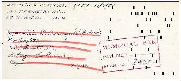 Memorial Bar card - R/110932 - Flight Sergeant - Bomb Aimer - John Prosnyck - RCAF