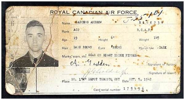 R/168234 - J/35101 - F/O. Andrew Gaddess - RCAF - ID Card - serial no. 175496