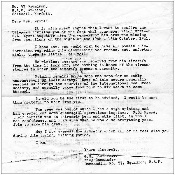 RAF letter - P/O. Hilyard Lowell Myers - Missing from Operations