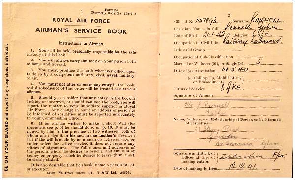 Royal Air Force - Airman's Service Book - Kenneth John Raiswell - page 1 and 2