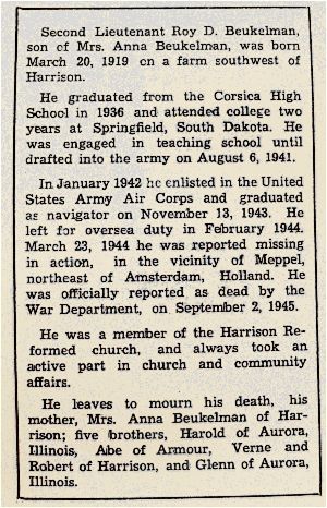 Obituary clip - 2nd Lt. Roy Beukelman