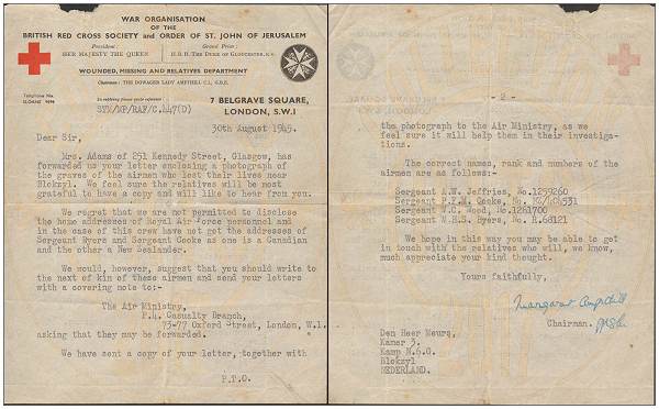 Red Cross - 30 Aug 1945 - letter to Mr. Meurs