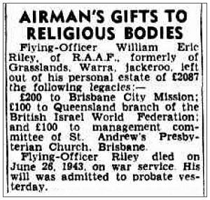 Airman's gifts to religious bodies - 414960 - F/O. - Navigator - William Eric Riley - RAAF