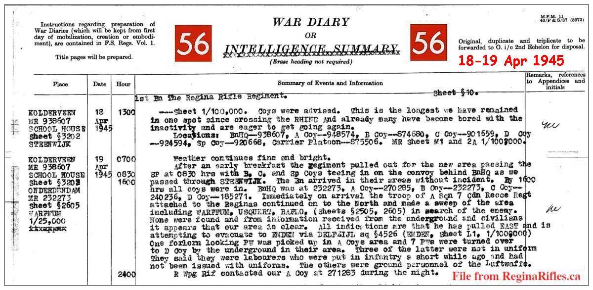 1st Bn The Regina Rifles Regiment [56] - Wednesday 18 Apr 1945 and Thursday 19 Apr 1945