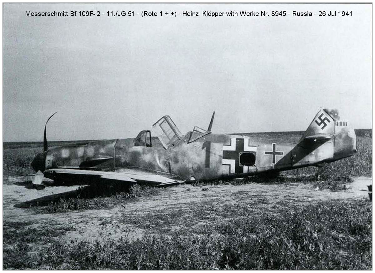 26 Jul 1941 - Heinz Klöpper, Smolesk, Russia - 'Rote 1 + +' 11./JG 51 - Messerschmitt Bf 109F-2 Werke Nr. 8945