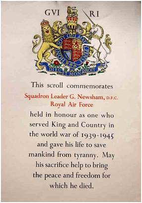 Scroll Commemoration - Flight Lt. George Newsham - DFC - Navigator
