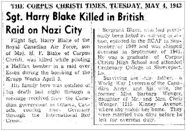 Sgt. Harry Blake Killed in British Raid on Nazi City - clip - 04 May 1943
