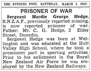 Newsclip - The Evening Post - 01 Mar 1941 - Prisoner of War - Sgt. Hardie George Hedge