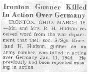 Newspaper clip - S/Sgt. Kneeland Hughes Hudson - Killed