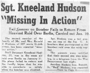 Newspaper clip - S/Sgt. Kneeland Hughes Hudson - Missing