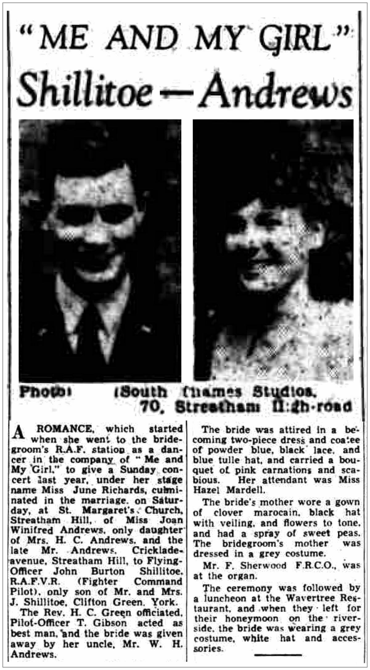 Marriage Saturday 25 Jul 1942 - John Burton Shillitoe and Joan Winifred Andrews