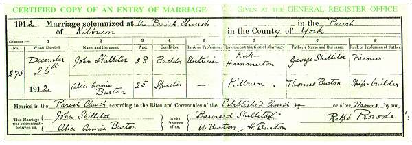Marriage record parents of John Burton Shillitoe
