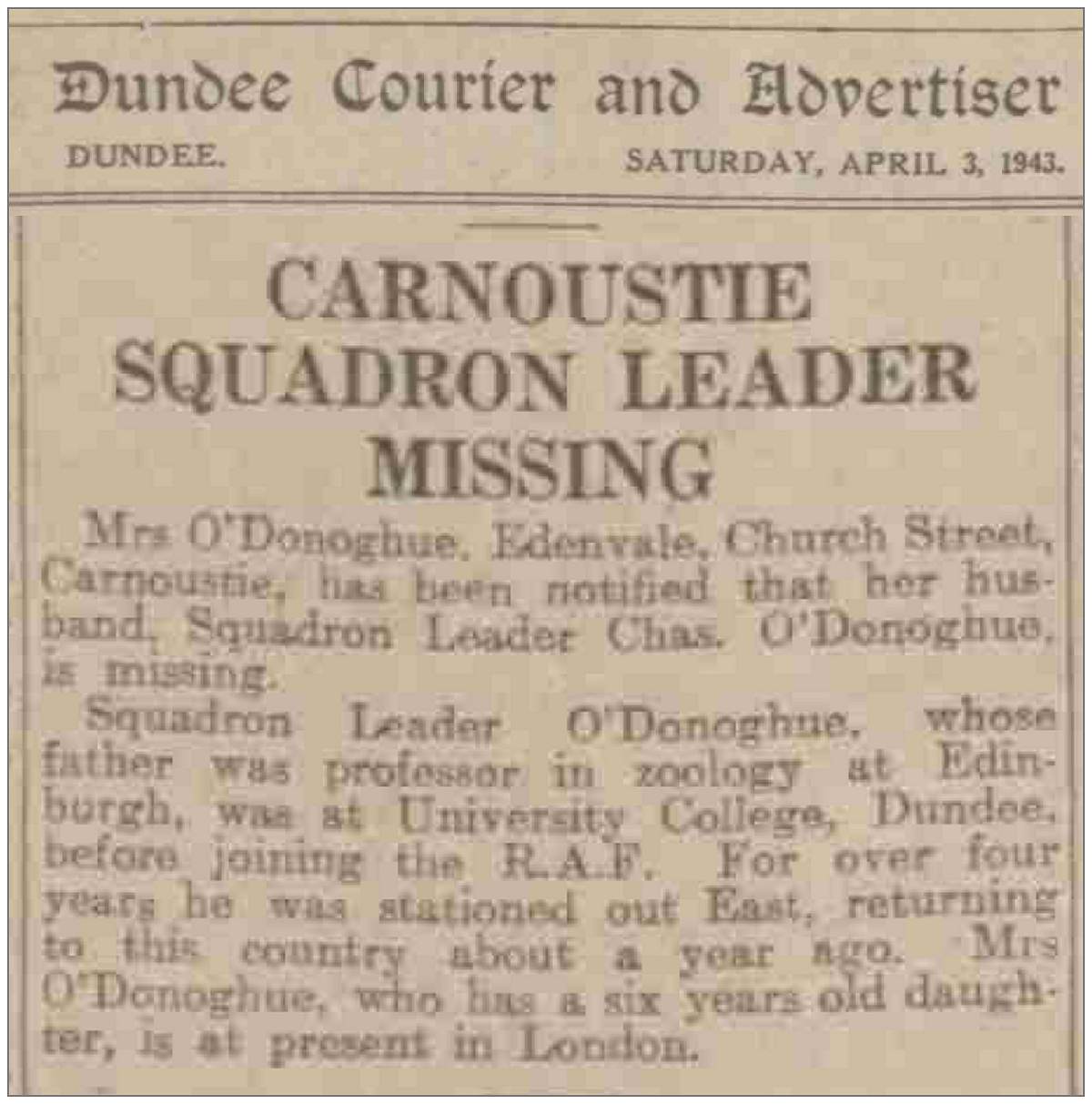 39828 - Squadron Leader Charles O'Donoghue - RAF - newsclip - missing